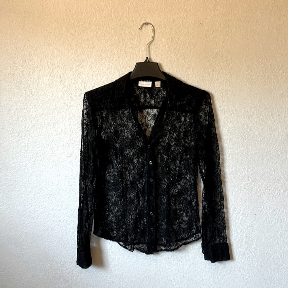 New York & Company Sheer Lace Button-Down Blouse Black Size XS